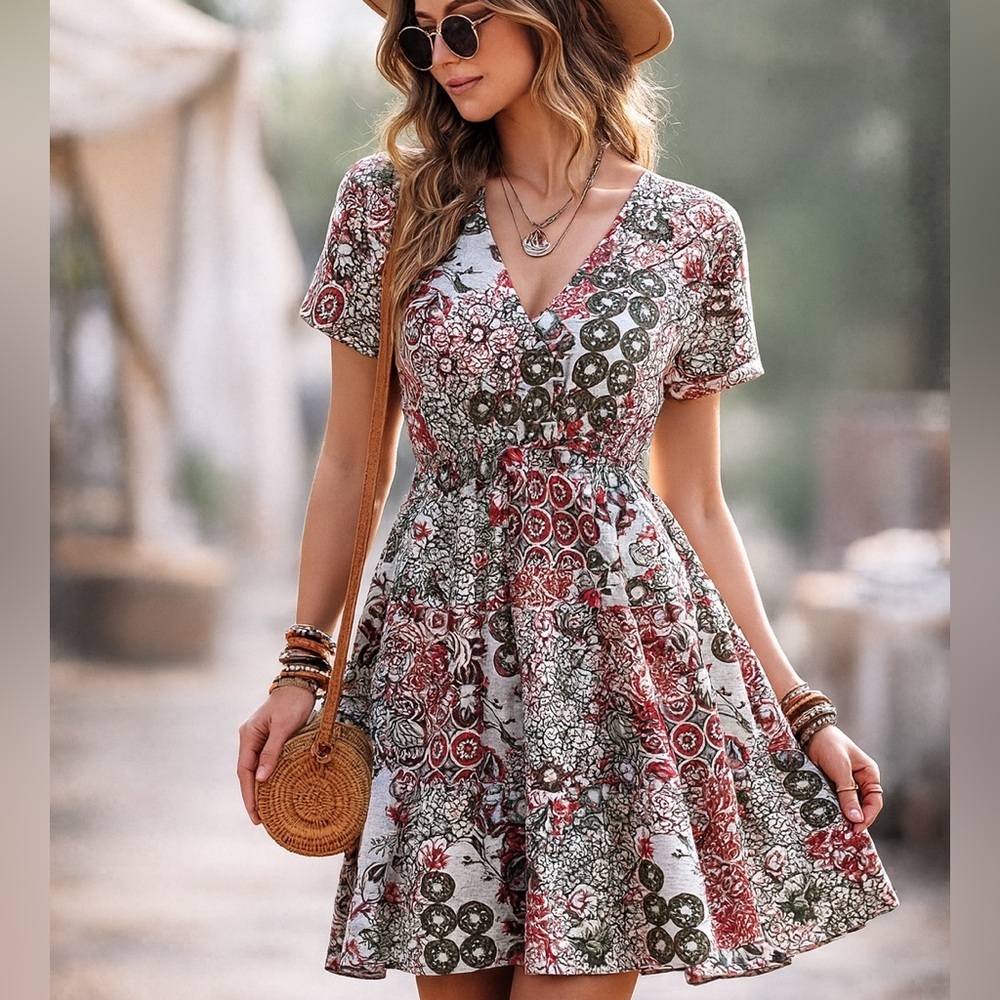 Boho Floral V-Neck Midi Hippie Dress